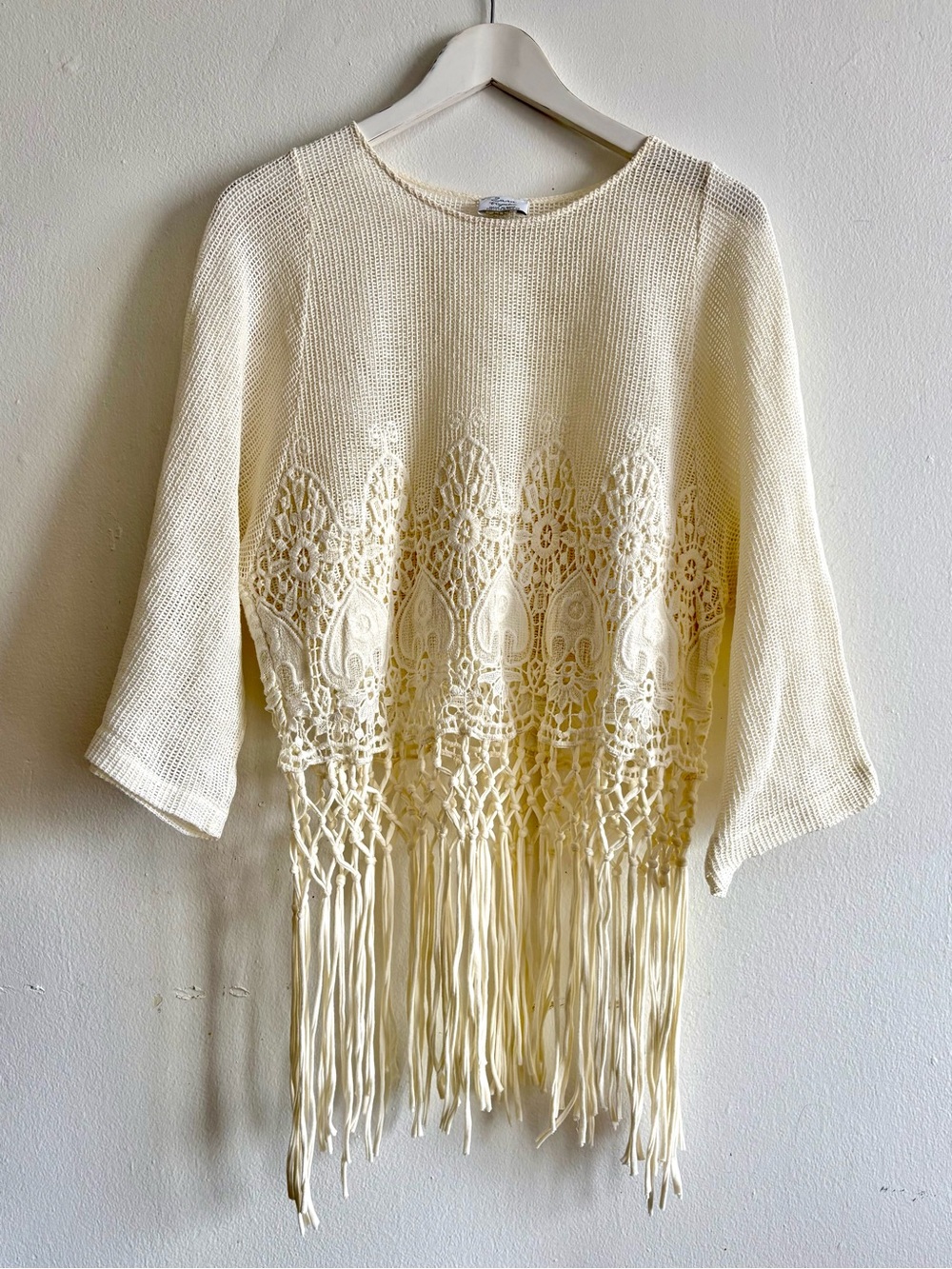 Zara Trafaluc Ivory Crochet Knit Fringe Bell Sleeve Top Size M Boho